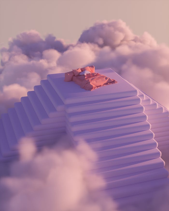 bed-in-the-clouds-11643390 A dreamlike scene with a bed atop stairs surrounded by pink clouds, evokes serenity.